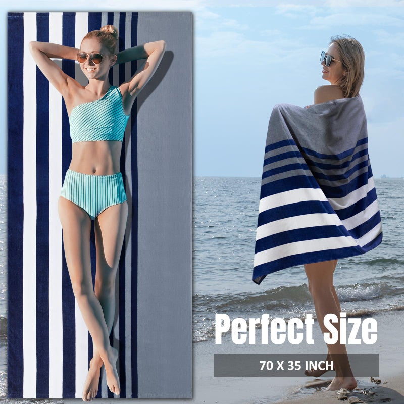 cabanana Large Beach Towel Oversized - Cotton Velour 35 x 70 Inch Blue Grey Striped Terry Pool Towel, Cabana Soft Swimming Towel for Adults Women Men (Navy Grey) - Image 3